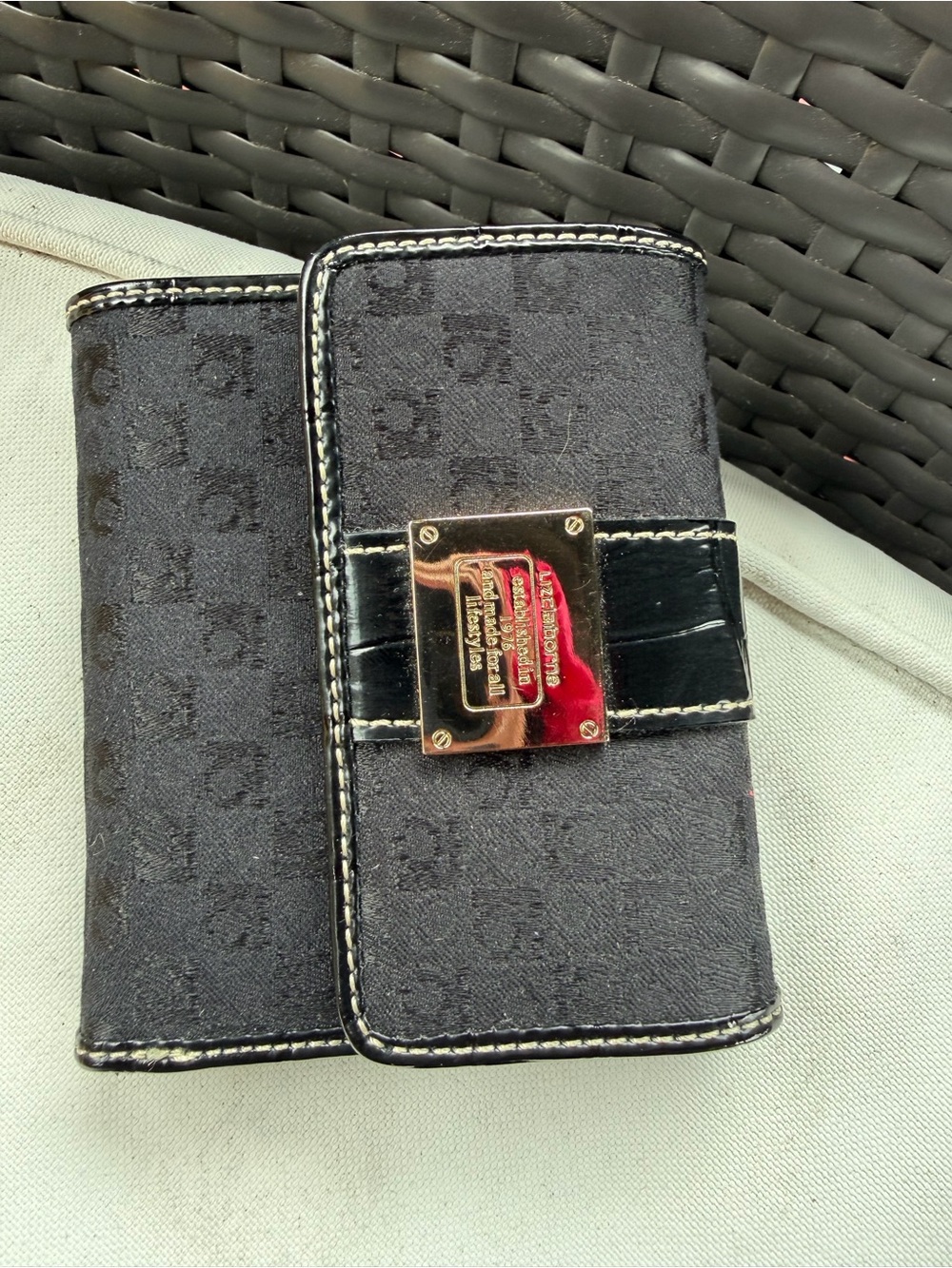 Liz Claiborne Wallet Snap Flap Black Fabric Toned Numerous Slots